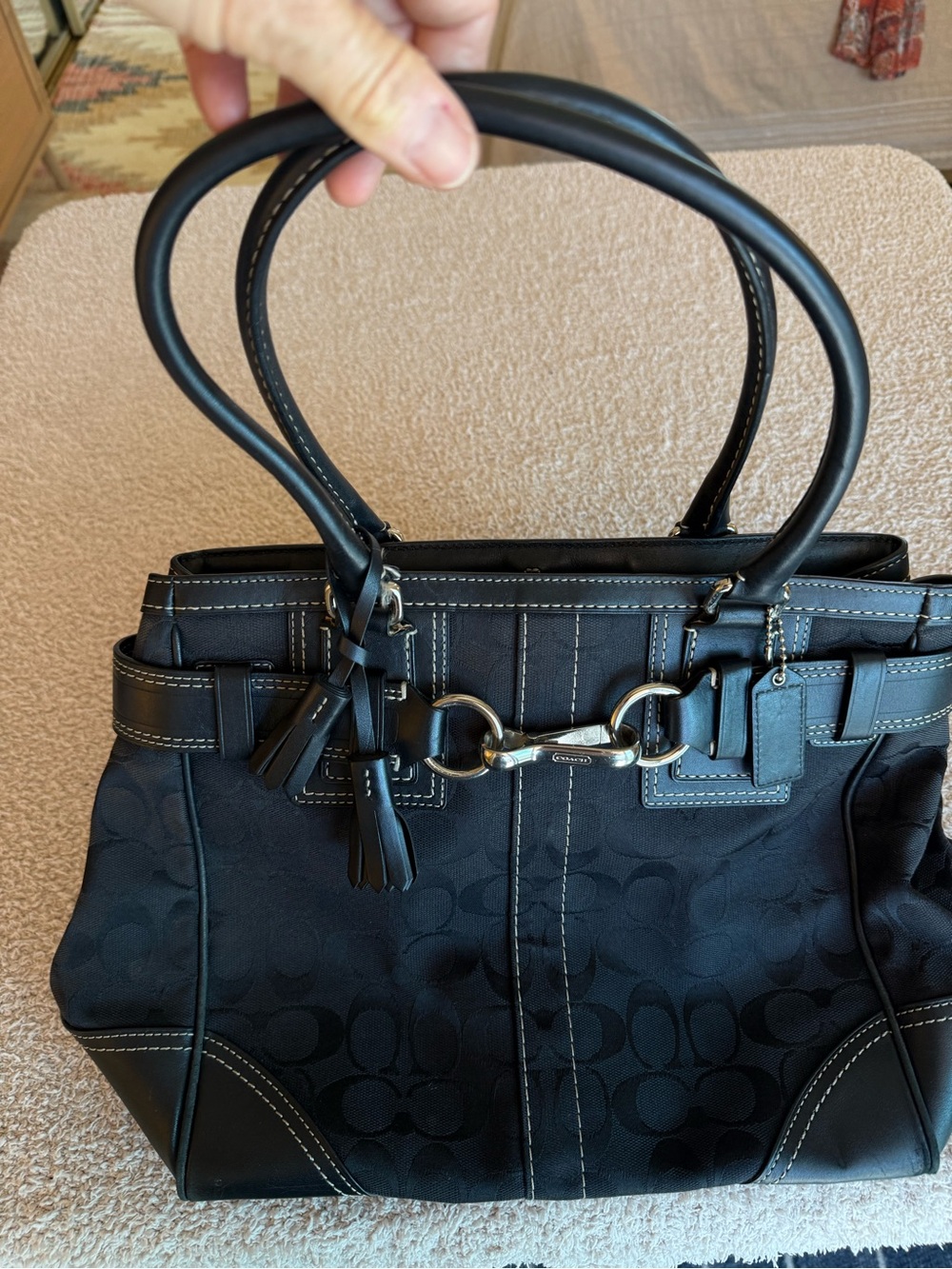Vintage Coach Black Hampton Signature Belted Tote Bag 10247 Y2K w/ Dust Bag